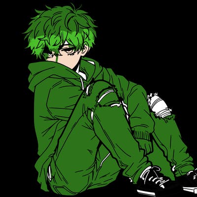 a male hoddie ripped jeans messy hair anime