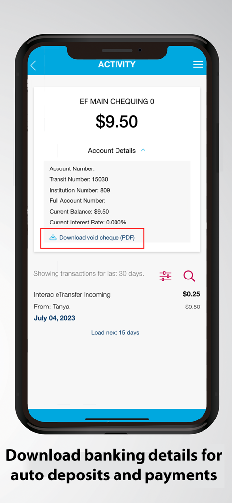 Envision Financial - Envision Financial mobile app screen showing account activity and a download link for a void cheque.