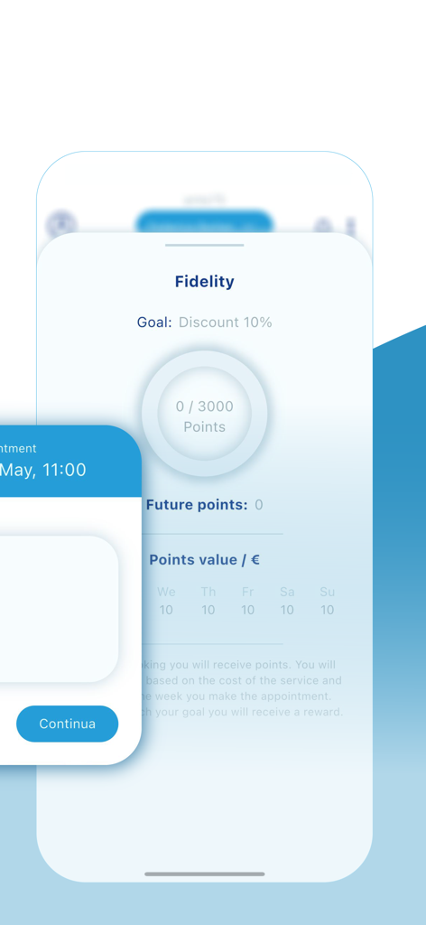 The fidelity program screen of BarberApp showing points progress towards a discount reward