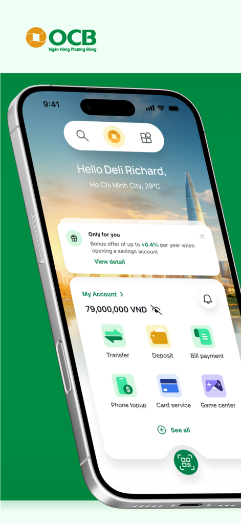 Interfaz de la aplicación de banca digital OCB OMNI mostrando el saldo de la cuenta e iconos de servicios financieros