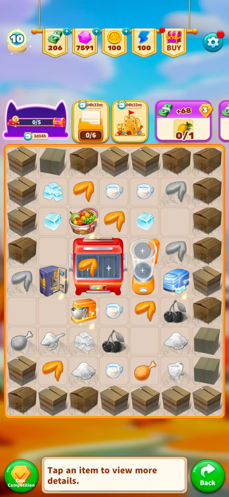 Merge Designer - Decor & Story - Gameplay screenshot of Merge Designer showing a board with food and kitchen items for merging.