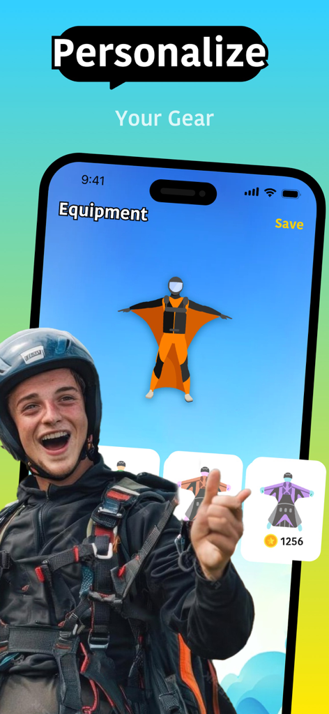 Saki mobile app screen showing options to personalize wingsuit flying equipment and pilot avatars
