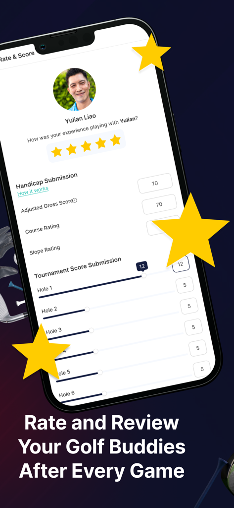 Interface de l'application mobile pour évaluer les partenaires de golf et soumettre les scores de tournoi pour le calcul du handicap