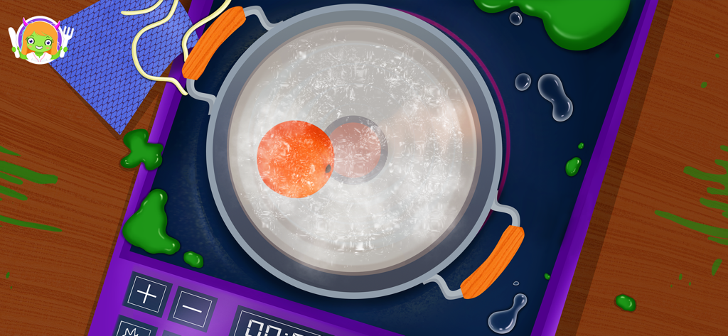 Ein Cartoon-Kochtopf mit kochendem Wasser und einer orangefarbenen Zutat auf einem lila Kochfeld.