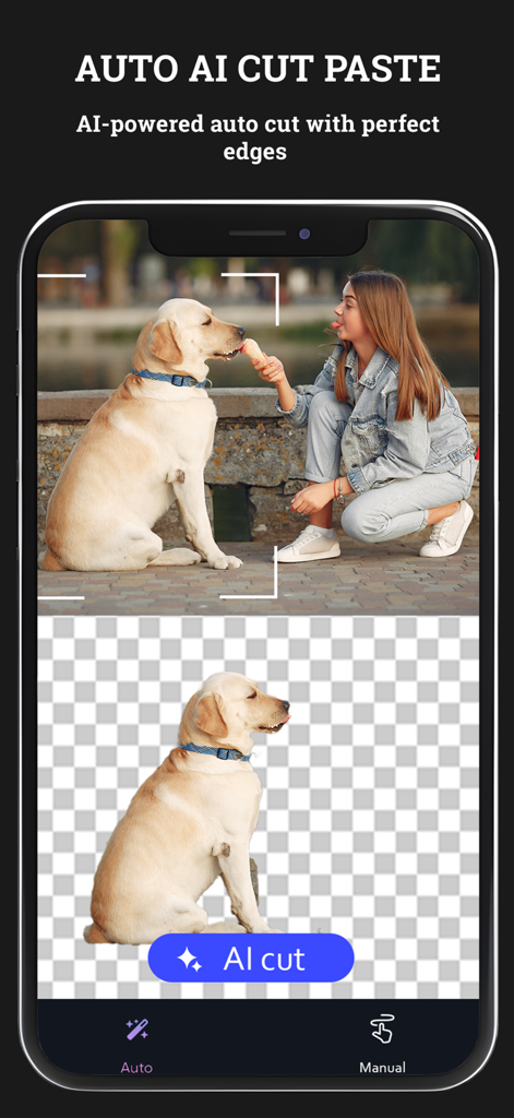 Photo Cut Paste - A screenshot of the Photo Cut Paste app showing the AI powered auto cut feature removing a dog from its background.