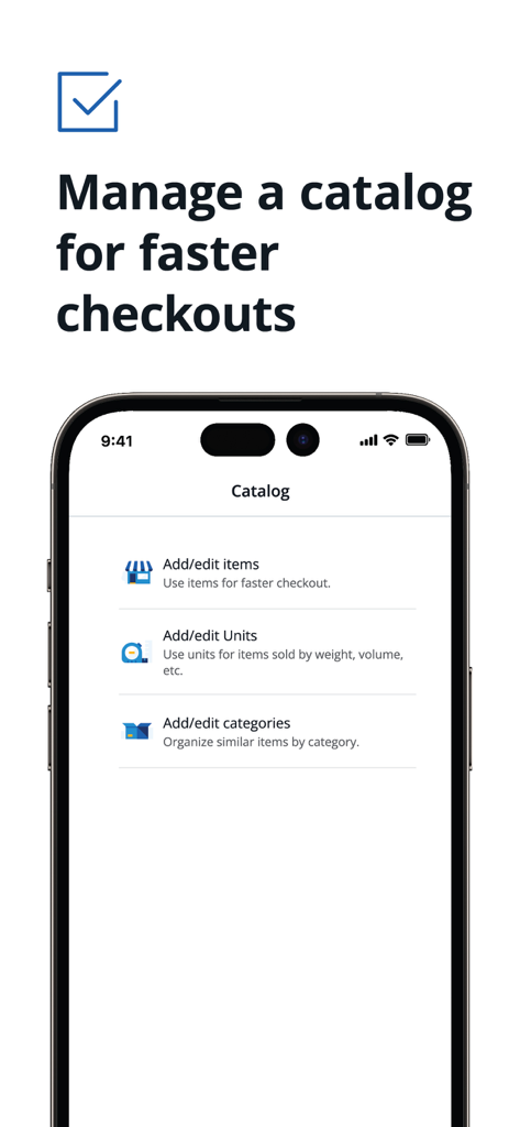 Pantalla de catálogo de la aplicación Chase Point of Sale mostrando opciones para agregar o editar artículos y categorías