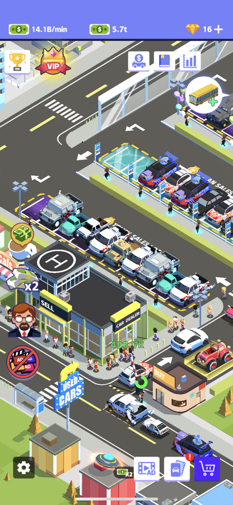 Used Cars Dealer Tycoon - Isometric view of a busy used car dealership lot with various vehicles and customers in a tycoon game