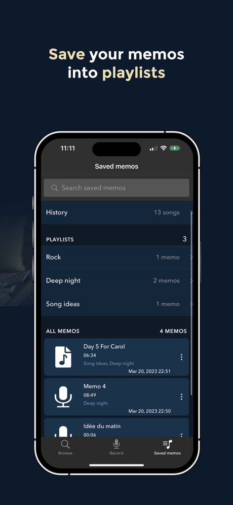 Music Memos - Chords & Lyrics - Interfaz de la aplicación Music Memos que muestra grabaciones guardadas organizadas en listas de reproducción personalizadas