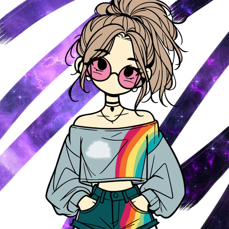 girl with a messy ponytail glasses a baggy crop top and jean shorts