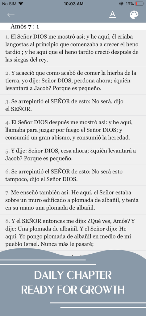 La Biblia · - Interface de l'application La Biblia montrant un passage d'écriture espagnole d'Amos 7