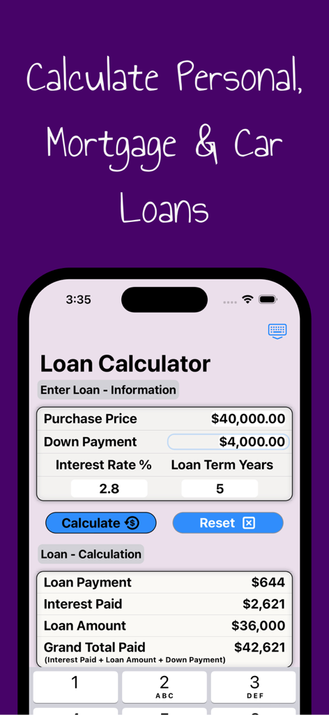 Smart Loan Calculator - Smart Loan Calculator app interface displaying detailed loan calculations for personal car and mortgage financing