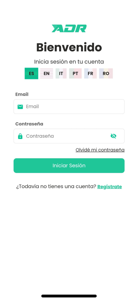 ADR System - ADR System mobile app login screen with language options and email input fields