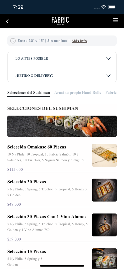 Fabric Sushi - Fabric Sushi app menu screen showing various sushi platters for delivery and takeaway