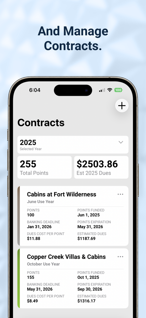 DVC Toolkit mobile app interface showing Disney Vacation Club contracts and estimated annual dues tracking