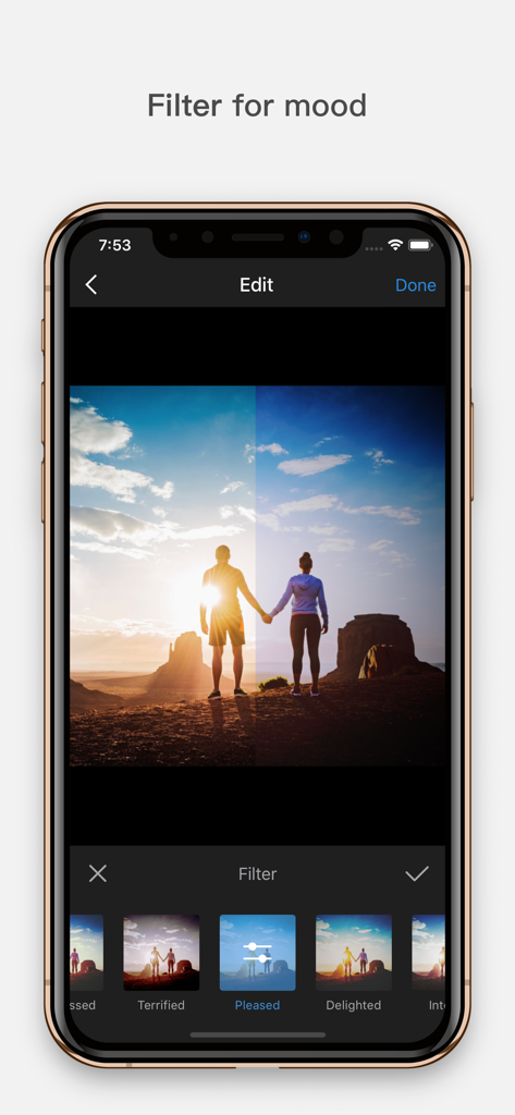 InFrame - Photo editor collage - InFrame photo editor screen displaying various mood filters for a sunset landscape photo of a couple