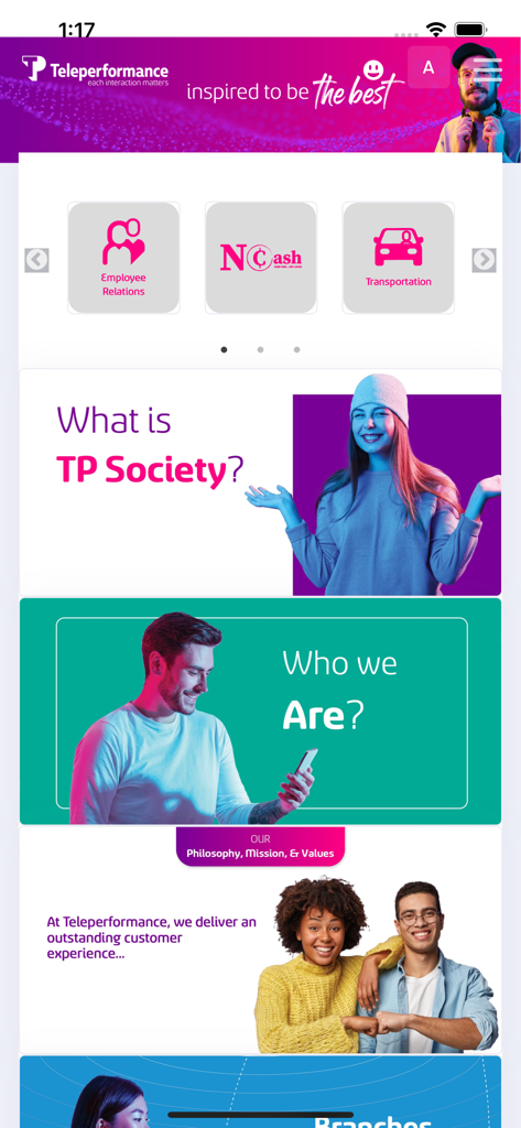 TP Society - Interface of the TP Society mobile app for Teleperformance employees and candidates