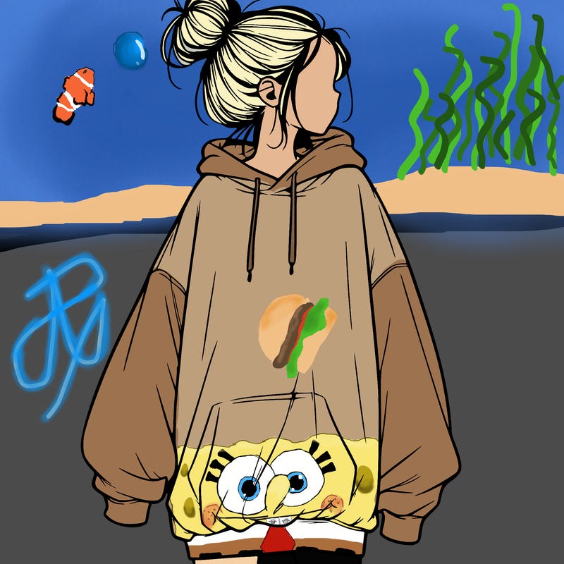 realistic girl with a oversized sweatshirt on and a bun