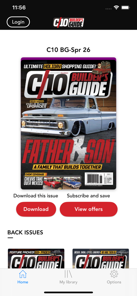 C10 Builder's Guide - App interface for C10 Builder Guide showing a customized classic Chevy truck on a magazine cover