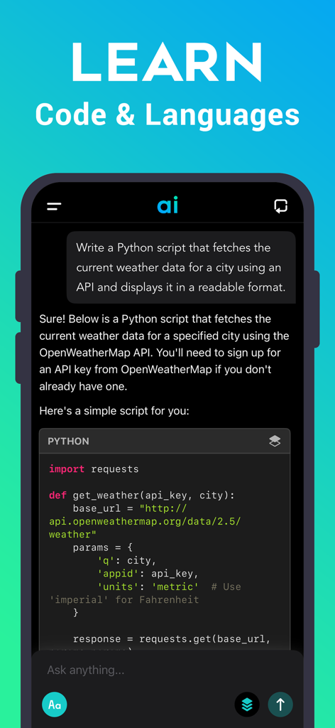 Chat AI - Personal Assistant - Chat AI mobile app screen showing a generated Python script for weather data