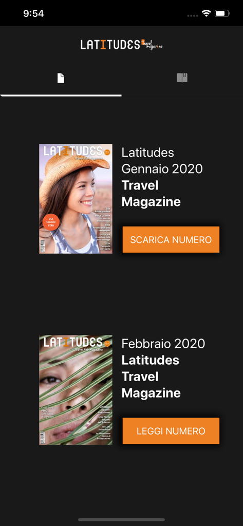 Aplicación de revista de viajes Latitudes mostrando una lista de números digitales con opciones de descarga y lectura