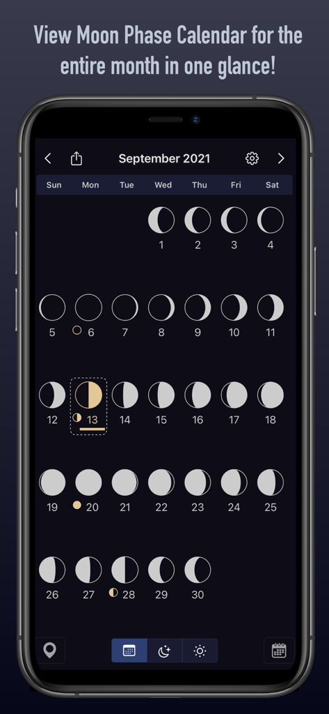 Moon Plus - Calendar + Compass - 月間月相カレンダーを表示するMoon Plusアプリのインターフェース