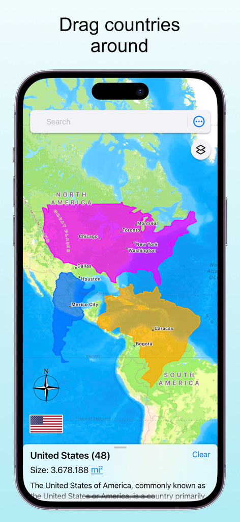 TrueWorld Maps: Country Facts - Schermata dell'app mobile che mostra la forma della mappa degli Stati Uniti in confronto ad altri paesi per mostrare la vera dimensione