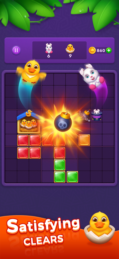 Juego de puzles de bloques con coloridas gemas y una satisfactoria explosión de bomba con lindos animales.