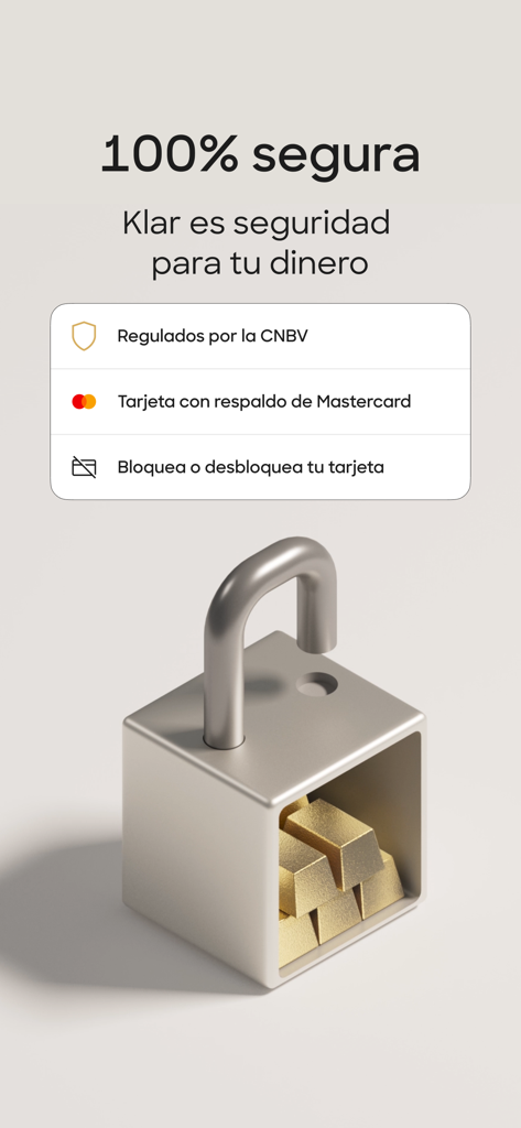 Security features of the Klar app highlighting financial regulation and card safety options