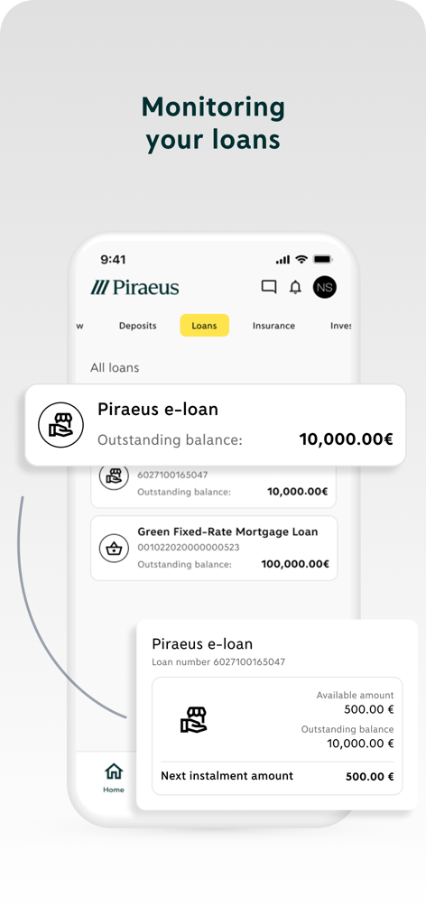 Piraeus app - A screenshot of the Piraeus app showing the loan monitoring section with e-loan and mortgage details