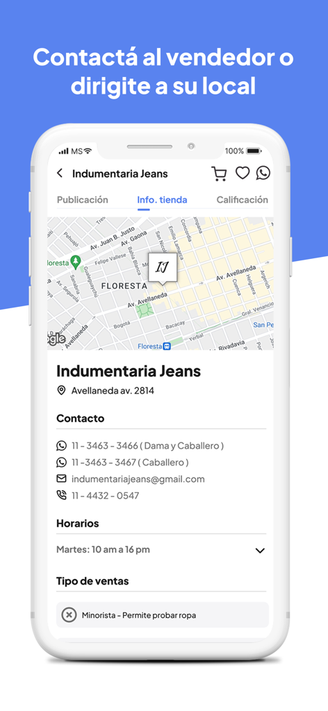 Avellaneda a un toque - Mobile app screen showing store location on a map and contact information for Indumentaria Jeans