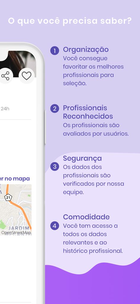 Famyle - Contrate para família - Infographic showing Famyle app benefits including organization recognized professionals security and convenience