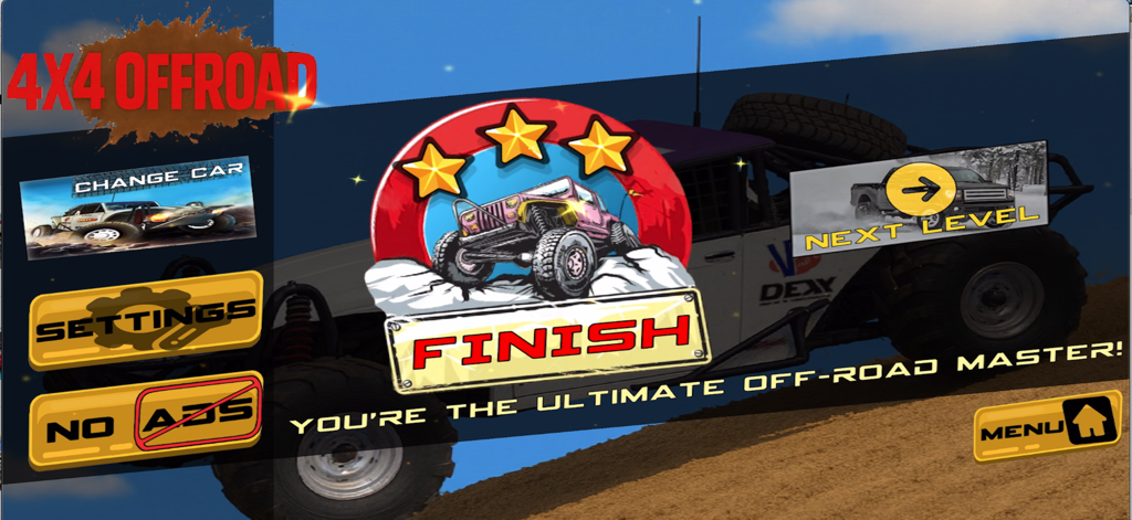 4x4 OFFROAD MONSTER TRUCK RACE - Tela de nível concluído para 4x4 Offroad Monster Truck Race mostrando uma conquista de 3 estrelas e a mensagem mestre off-road definitivo