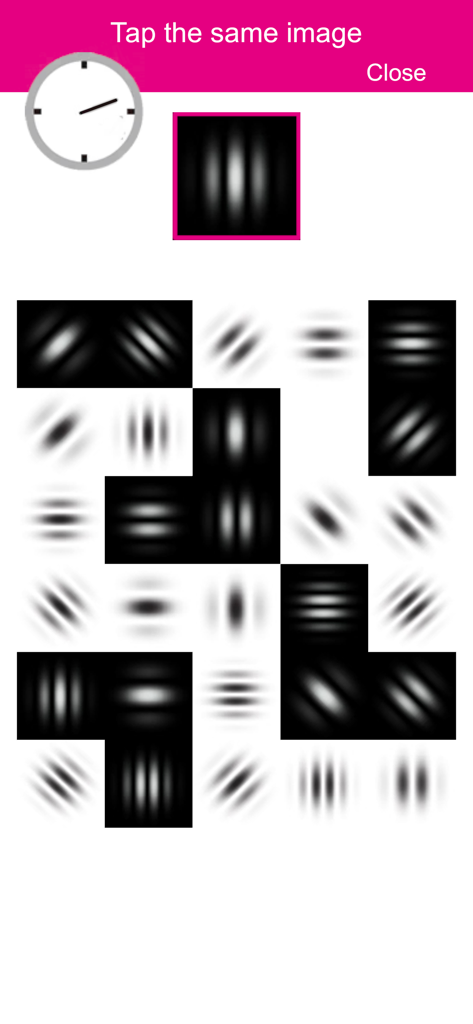 GaborPatchGame - Gameplay interface of the Gabor Scope vision training game showing a target pattern to match in a grid.