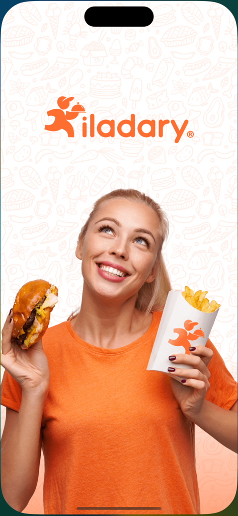 Eine lächelnde Frau, die einen Burger und Pommes neben dem Iladary-App-Logo hält.