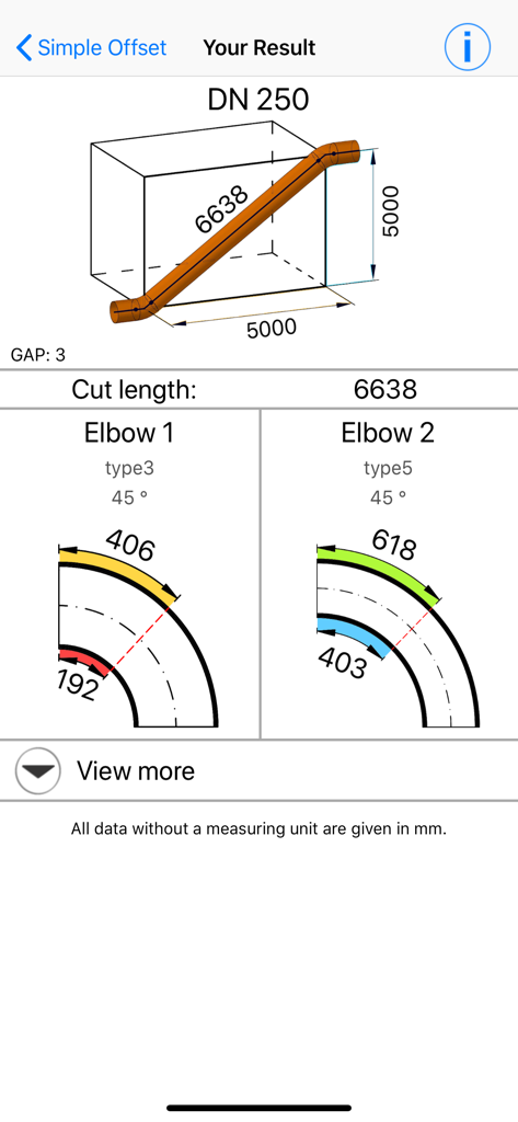 Offset Calc App - Pipe offset calculation results in Offset Calc App for DN 250 pipe construction showing cut lengths and elbow angles.