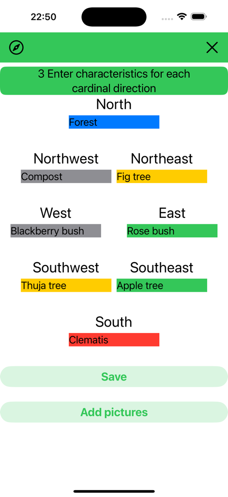 Input screen for assigning garden features like trees and plants to compass directions