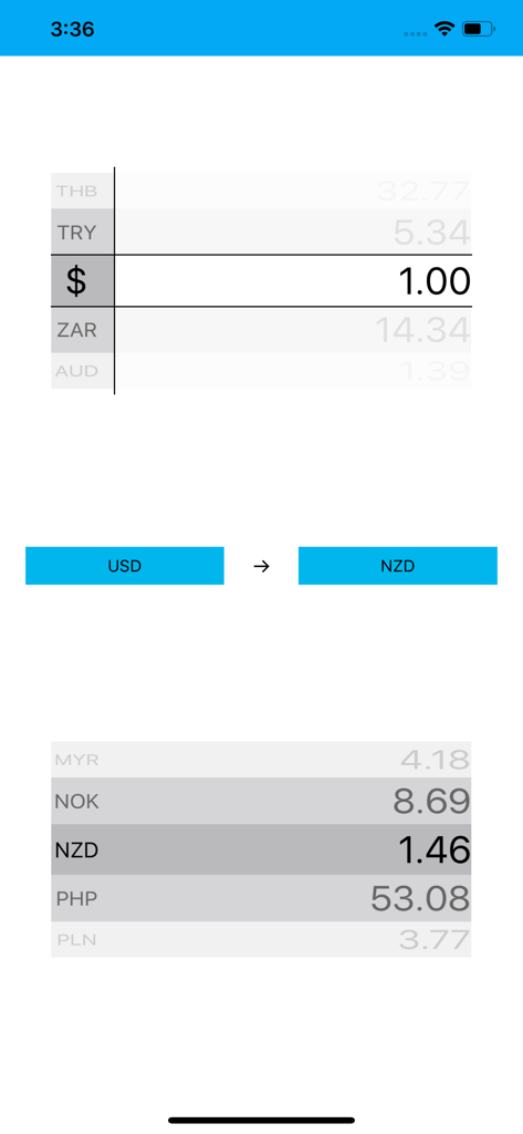 Benutzeroberfläche der Alle Währungsrechner App, die die Umrechnung von USD in NZD zeigt