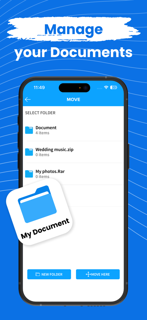 ZIP Extractor － Unzip, Unrar - Interfaz de usuario que muestra la administración de documentos y la organización de carpetas en la aplicación Extractor ZIP