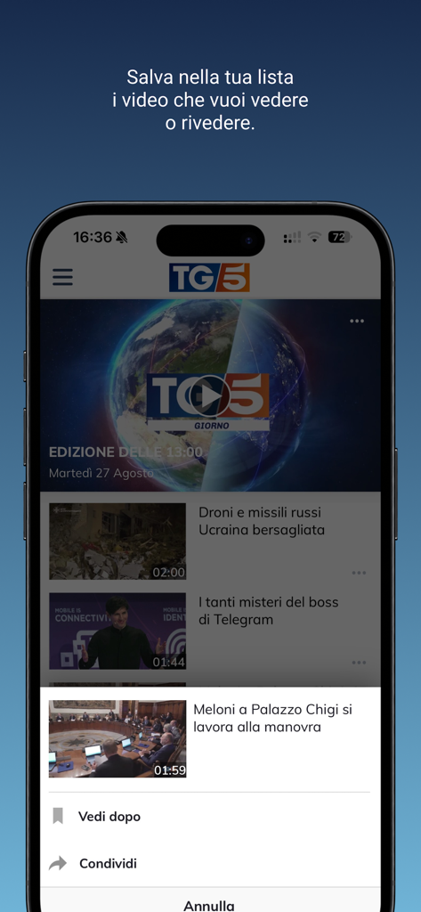 TG5 - A smartphone screen showing the TG5 app news feed with a watch later menu option in Italian