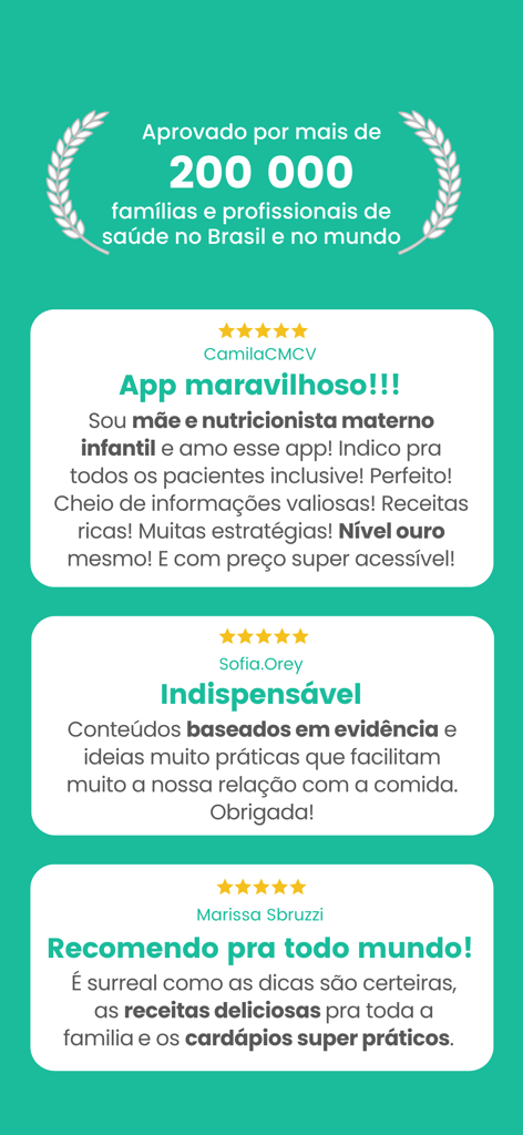 Screenshot of user reviews for the Garfinho child nutrition app showing five-star ratings and testimonials from parents and a pediatric nutritionist.