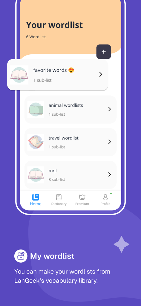 LanGeek |  Learn English - A mobile app screen showing personalized English vocabulary wordlists with categories for favorite words animal wordlists and travel.