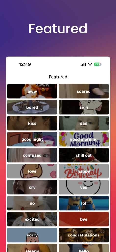 Featured GIF reaction categories in the GIFFF app
