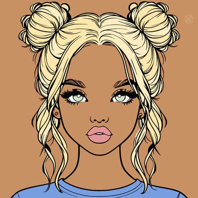 realistic girl with two buns in hair and lips