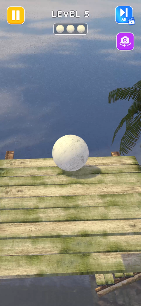 Rolling Balance Ball 3D - A white ball balancing on a wooden platform over water in Rolling Balance Ball 3D level five