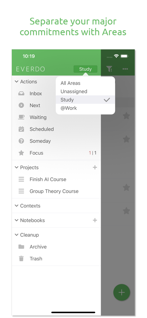 Everdo: GTD and To-Do List - Everdo app interface showing task organization using the Areas feature to separate work and study commitments.