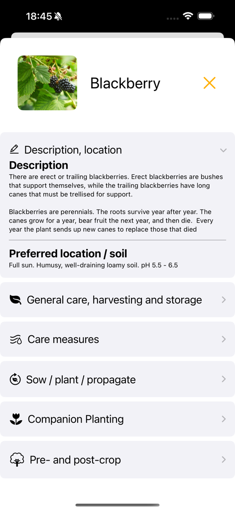 My garden journal - Blackberry plant care and soil requirements in the My Garden Journal mobile app