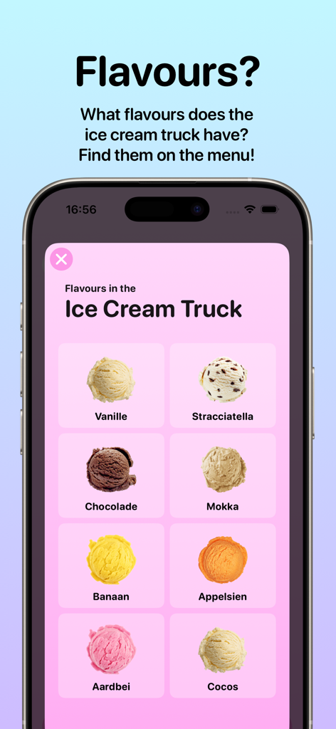KremeKoerier - A mobile app interface displaying a menu of various ice cream truck flavors including vanilla, chocolate, and strawberry scoops.
