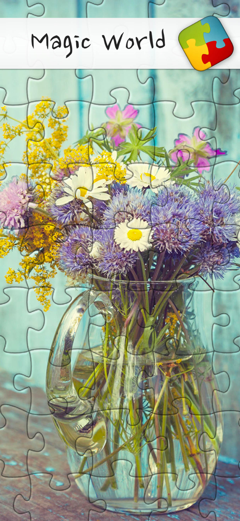 Puzzles & Jigsaws Pro - Digital jigsaw puzzle featuring a bouquet of colorful flowers in a glass pitcher