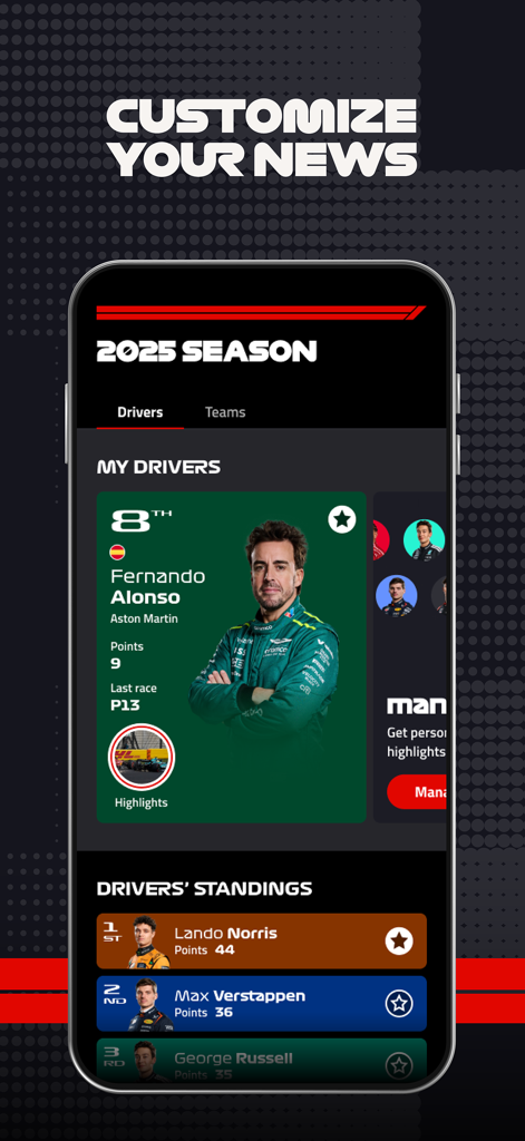 Formula 1® - La aplicación oficial de Fórmula 1 que muestra la clasificación de pilotos de 2025 y una sección de noticias personalizadas.