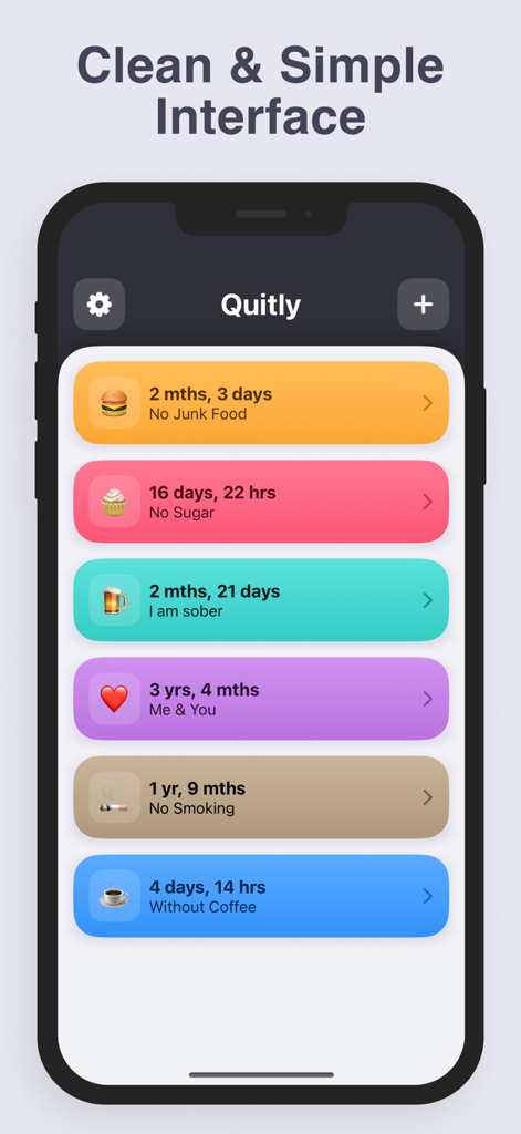Days Since Counter: Quitly - Interfaz de la app Quitly mostrando una lista de coloridos contadores de hábitos para metas de sobriedad y salud